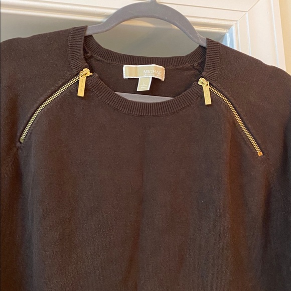 Michael Kors Stylish Brown Sweater Dress Gold Logo Zippers & Ribbed Bottom -Sz L - Picture 1 of 14